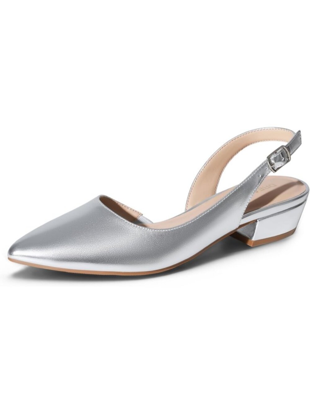 DREAM PAIRS Women's Silver Slingback Flats Pointed Toe Low Block Heel Shoes